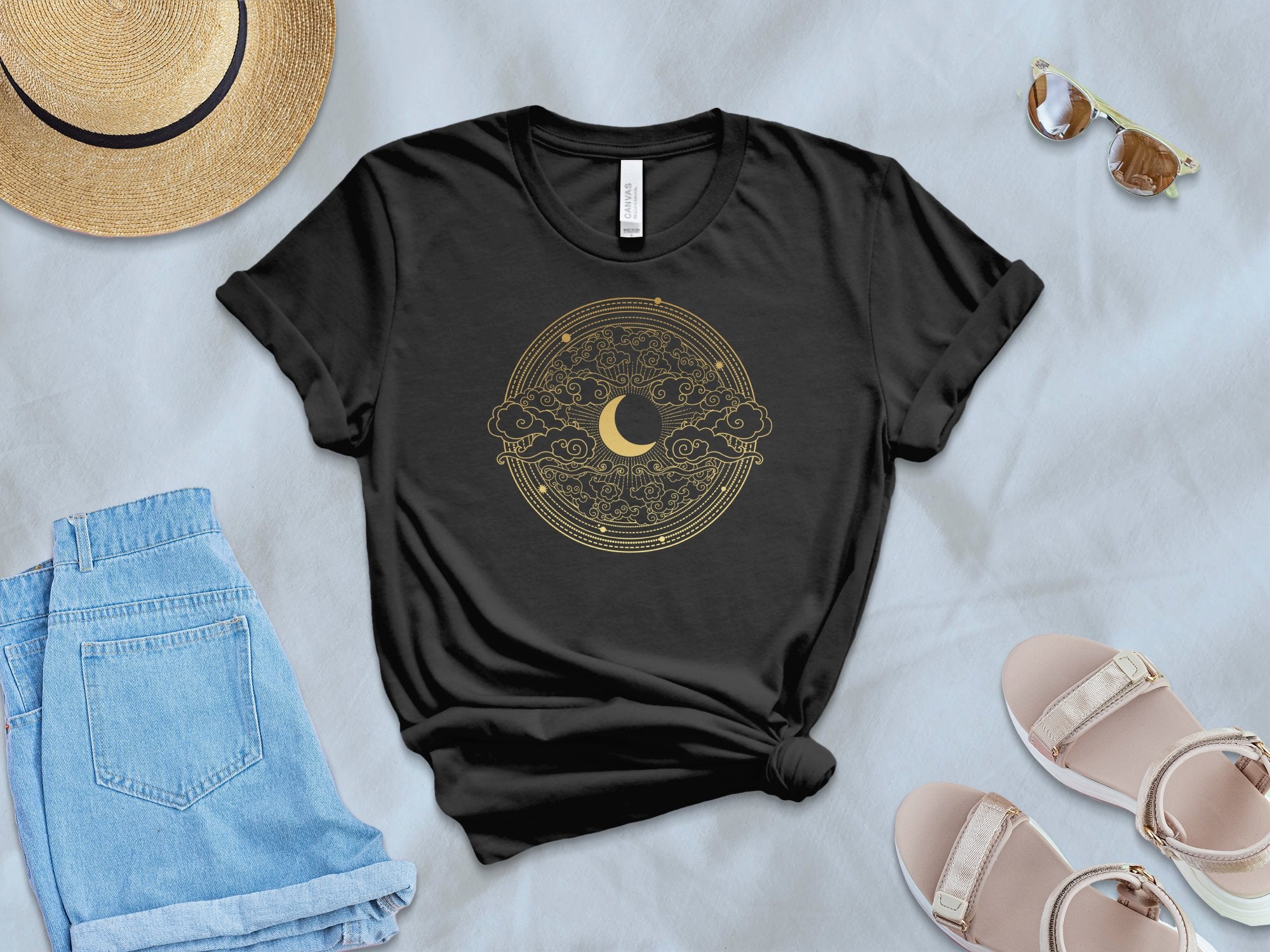 🌙☁️✨ Golden crescent moon and swirling cloud