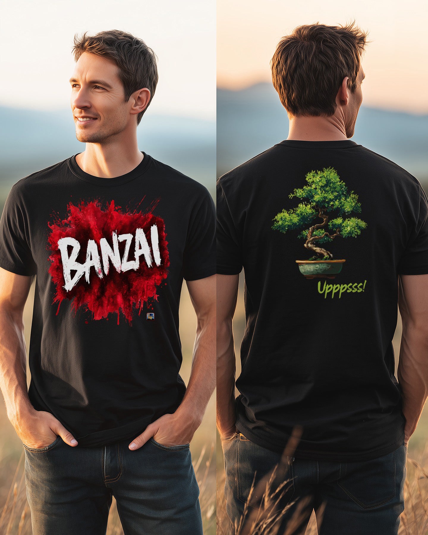 ⚔️🌸🔥 BANZAI Blanco/Rojo (Frente) + Bonsái Upppsss! (Espalda)