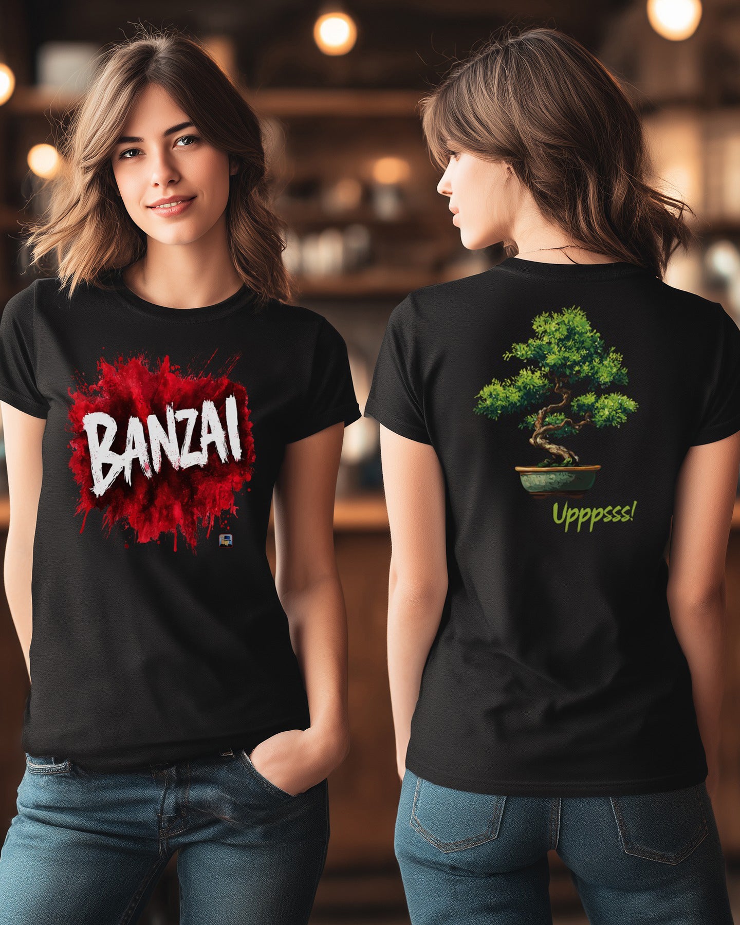 ⚔️🌸🔥 BANZAI Blanco/Rojo (Frente) + Bonsái Upppsss! (Espalda)